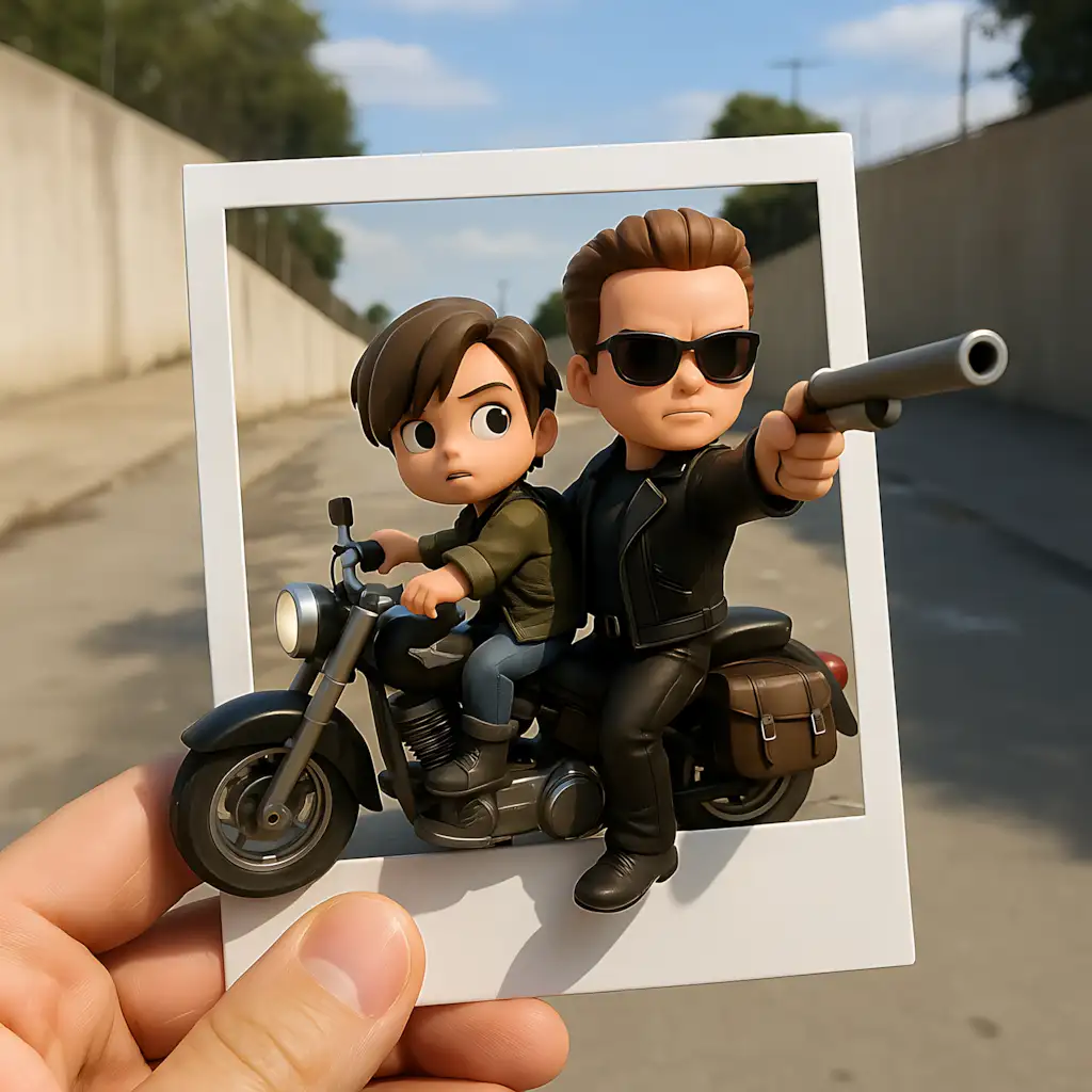 3D figurine style: duo on motorcycle emerging from a photo frame