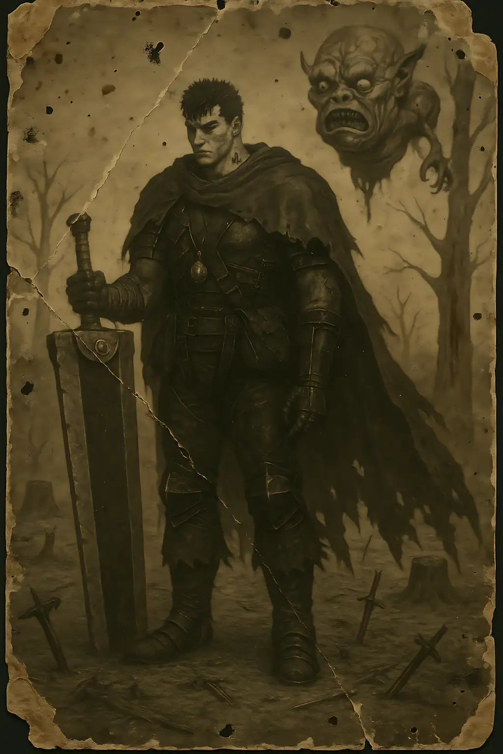 This is an art piece inspired by 19th-century photography, depicting Guts from Berserk in solitude. The black-and-sepia tones, worn creases, and stains symbolize his pain and struggles.