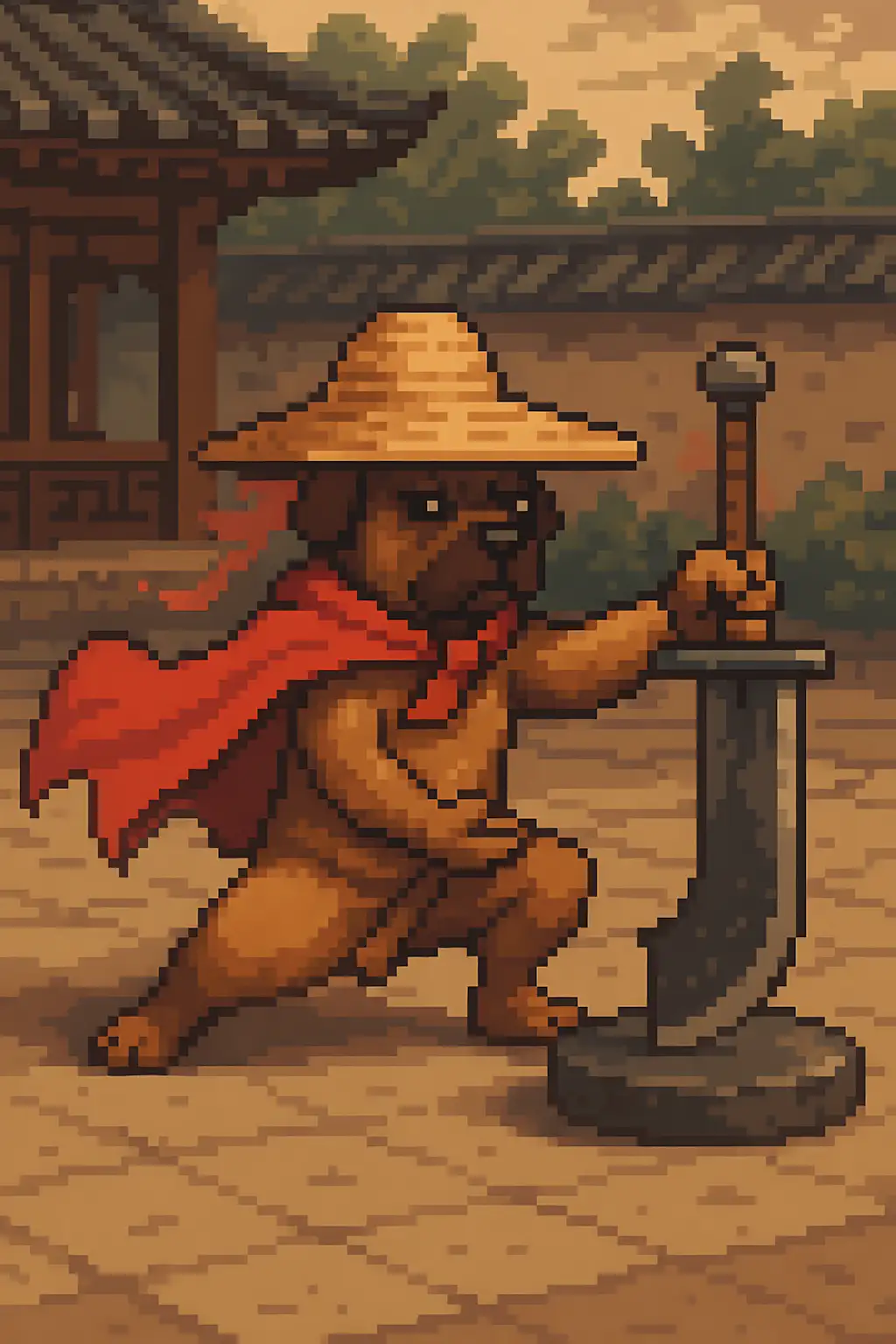 16-bit pixel art of an anthropomorphic dog in a bamboo hat and red cape, gripping a blade in a stone, set against ancient Eastern architecture with a retro martial arts vibe.
