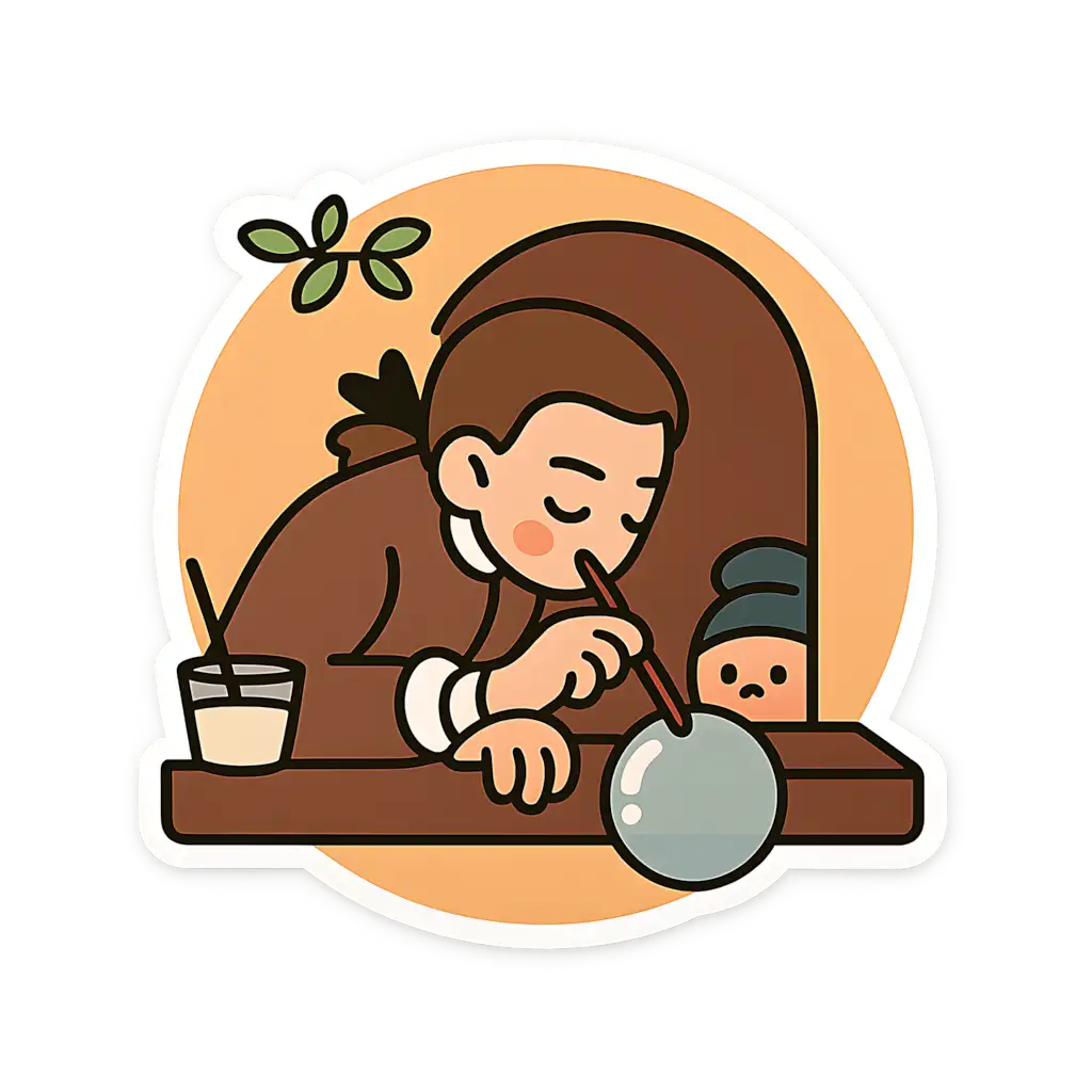 Minimalist illustration: young man blowing a bubble, curious boy at window