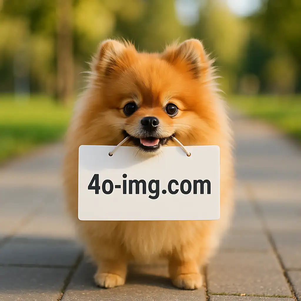 A cute image showing a fluffy Pomeranian standing on an outdoor path, holding a sign in its mouth that says "4o-img.com".
