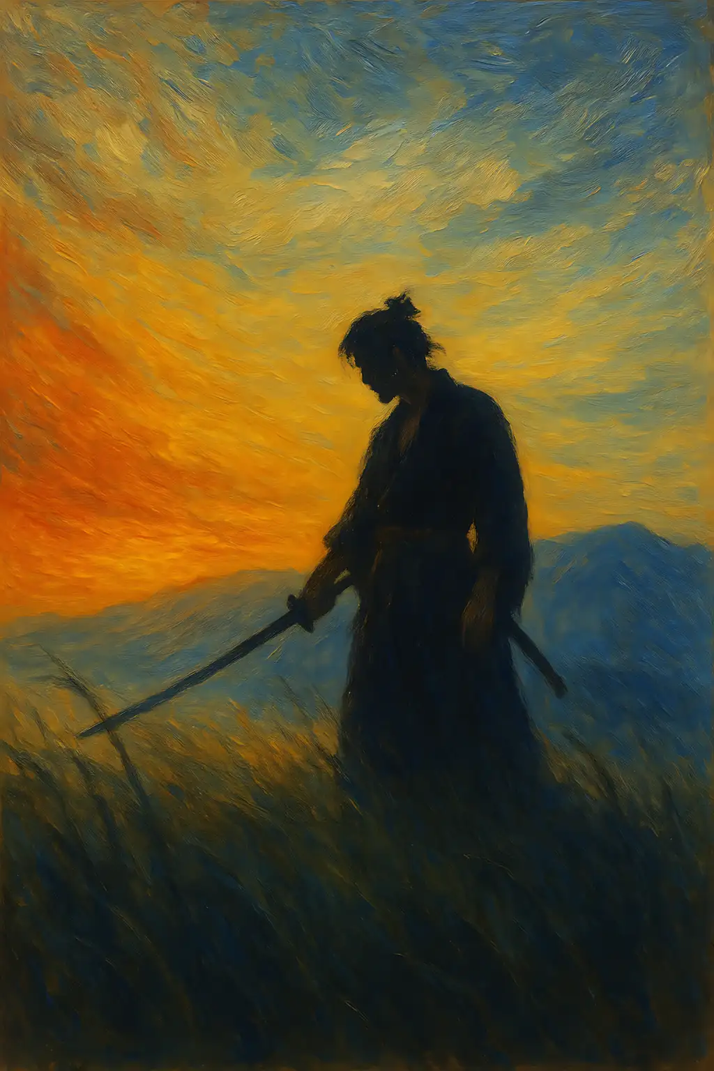 An oil painting of a silhouette of a warrior standing with a sword in a field, set against a stunning sunset or sunrise sky. The soft colors and brushstrokes create a sense of tranquility and strength.